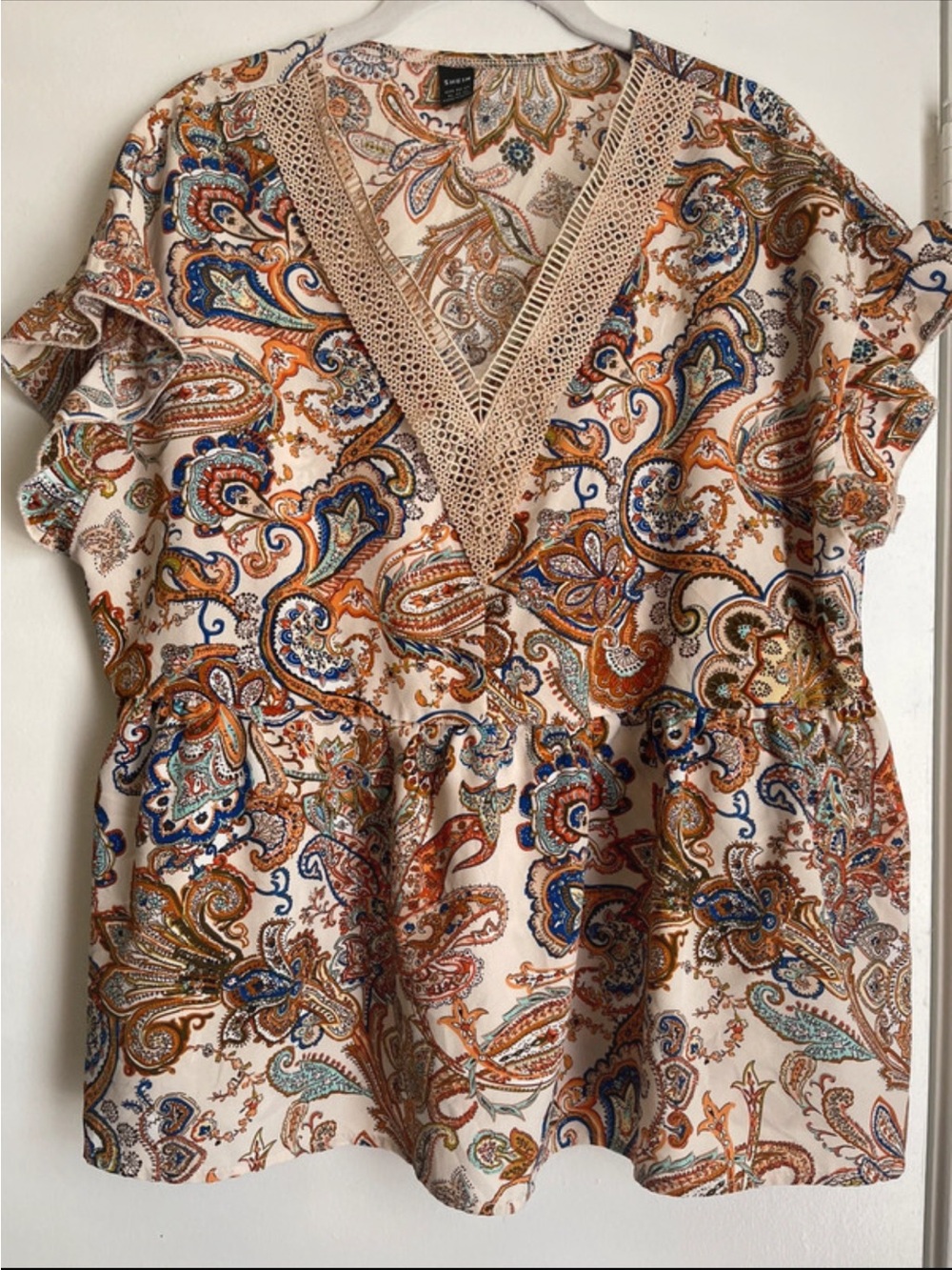 SHEIN Multi-Color Paisley V-Neck Tunic with Crochet Trim
